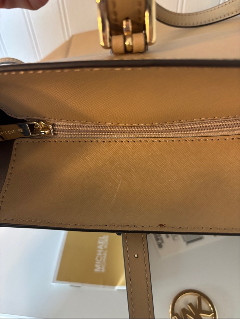 Michael Kors Gilly Camel Leather Tote with Gold MK Charm - Picture 11 of 16